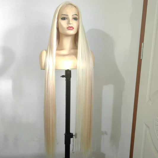 40" Very Long Lightest Platinum Blonde Bob Human Hair Wig 150% Density