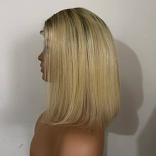 Load image into Gallery viewer, 12&quot; Dark Rooted 1B Lightest Bleach Blonde Bob Human Hair Wig 130% Density
